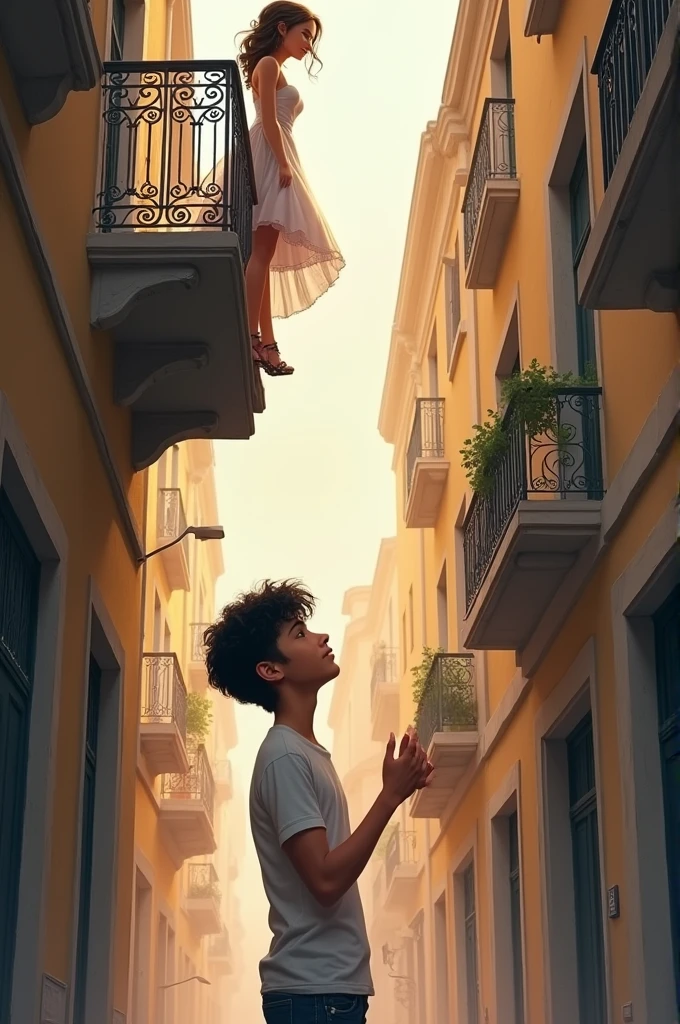 A young boy sees a beautiful girl in her rooftop from his rooftop , the girl was so beautiful that he was amazed. Make a scene like this describing the words