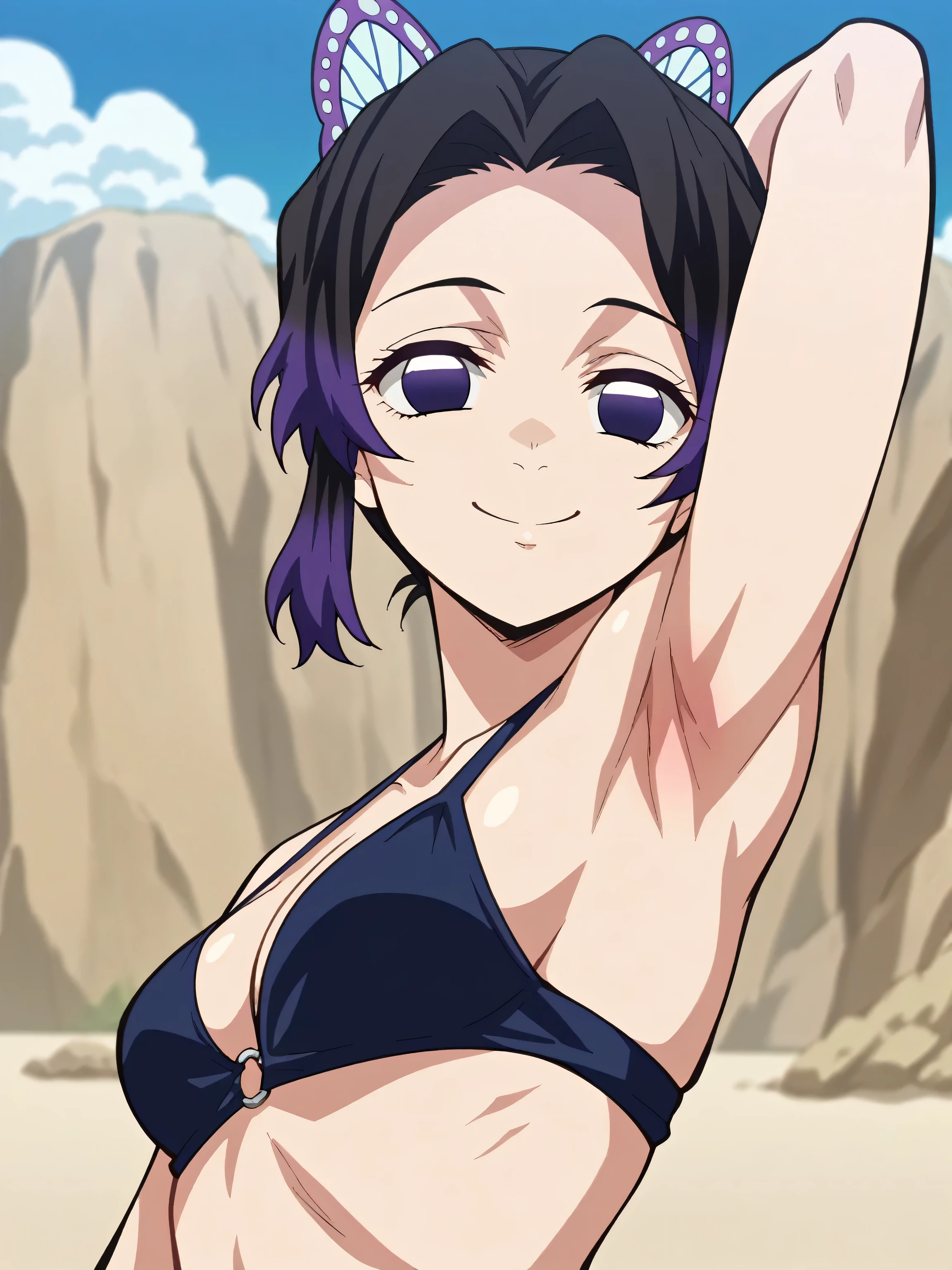 score_9, score_8_up, score_7_up, source_anime, anime screencap, 1girl, solo, outdoors, beach, day, KShinobuXLV4, bikini, dark blue bikini, sleeveless, bare shoulders, bare arms, looking at viewer, eye contact with viewer, head towards viewer, gentle smile, closed mouth, arm behind head, armpit, medium breasts, from side, from below, armpit up close, close-up of armpit, butterfly hair ornament