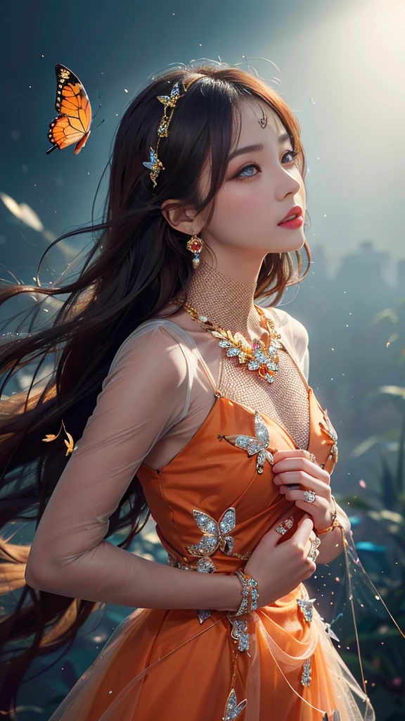 Beautiful dance pose, She gently lifted her skirt with one hand,头发周围有白色的Butterfly兰,Lilac dendrobium、White Lily, Long legs , Deep in Wonderland, ((Flowing long hair))Official Art , Unity8k Wallpaper , Extremely detailed , Visible cleavage, Pretty and beautiful , 性感Long legs, masterpiece , best quality ,Practical, Very detailed illustrations ,Extremely detailed , Intricate details , Extremely complex and detailed , Very detailed 8KCG wallpaper , Caustics .reflection , Ray Tracing , Devil theme ,nebula ,Dark aura, Network Effects , (1 girl)solitary , 小蓝Butterfly , (Blue plasma flame , (insect , Butterfly)) Pastel tones in Rococo style ,Light white and light dark red , Incredibly beautiful , Cherry blossoms , Surrealism ,painting , Ethereal , Mixing reality and fantasy elements ,Ray Tracing , Complex Mode , Exquisite lines , Perfect your hands, Starry Sky , Colorful , Star