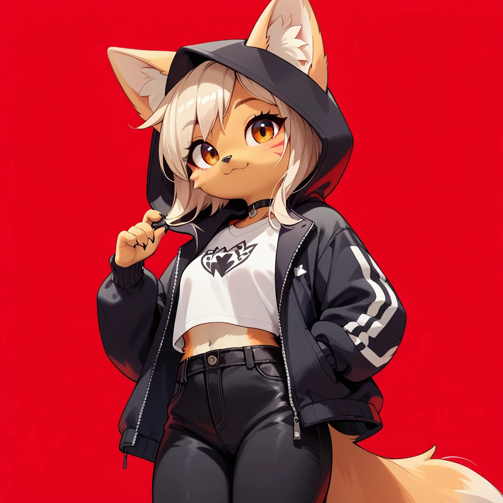 1girl, fox girl, cute fox, anthro, black hood, black pants, red background