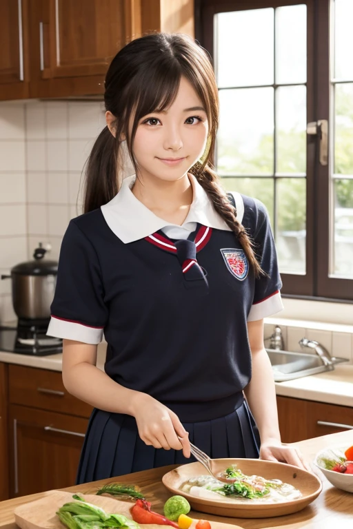 In the kitchen stood a woman in a dress, in a japanese apartment, Surrealism female students, japanese girl school uniform, （Crouch down and pick things up, Spread your legs, Spread your legs：0.5），cute female student, Wearing a Japanese school uniform, Surrealism female students, Japanese school uniform, Japanese model, leaked footage, Realistic schoolgirl, Japan High School, of a youthful japanese girl, young and cute girl, seifuku,from back，Angle from low，from a low perspective。