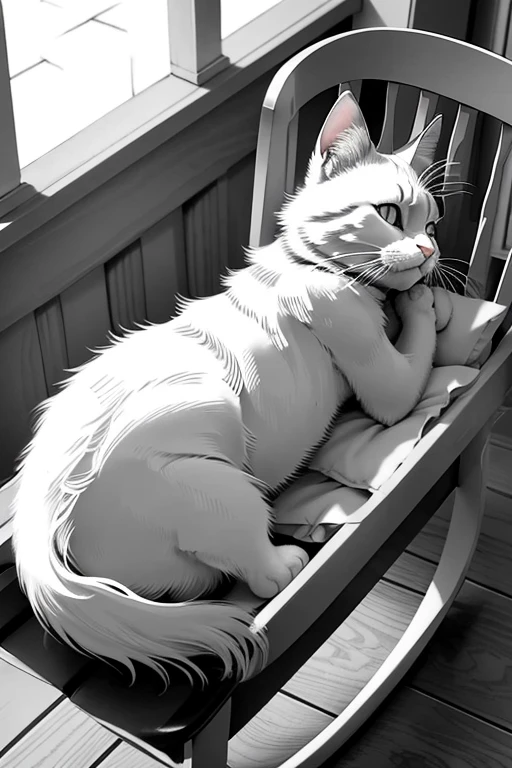 "A black-and-white drawing of a cute ginger cat lying in a sunny spot on the porch, with eyes half-closed in pleasure, designed specifically for coloring. The cat should appear especially adorable, with a fluffy tail and a content expression. The setting includes a rocking chair and a small table with a cup of tea. The background should be simple, with clear and bold lines to make coloring easy. Avoid any detailed shading, complex patterns, or intricate textures that might hinder the coloring process."