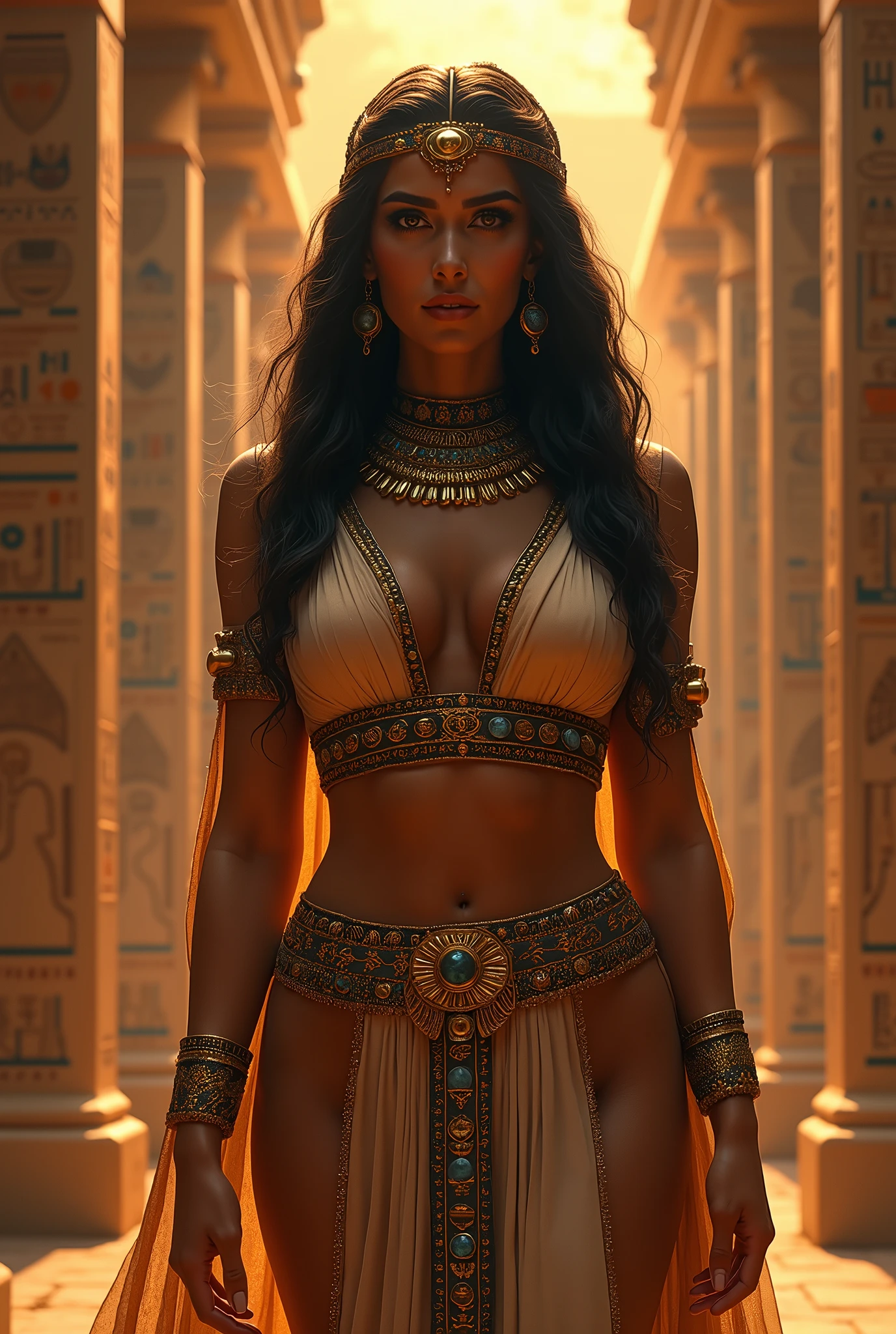 Masterpiece, best quality, brilliant details, cinematic lighting, exciting perspective, young pretty woman, beautiful face, perfect eyes, big breasts, narrow waist, wide hips, North African type, flawless skin, textured skin, cinematic pose, black hair, ancient Egyptian pleasure slave, erotic artwork, sexy, Egypt, pharaoh, 