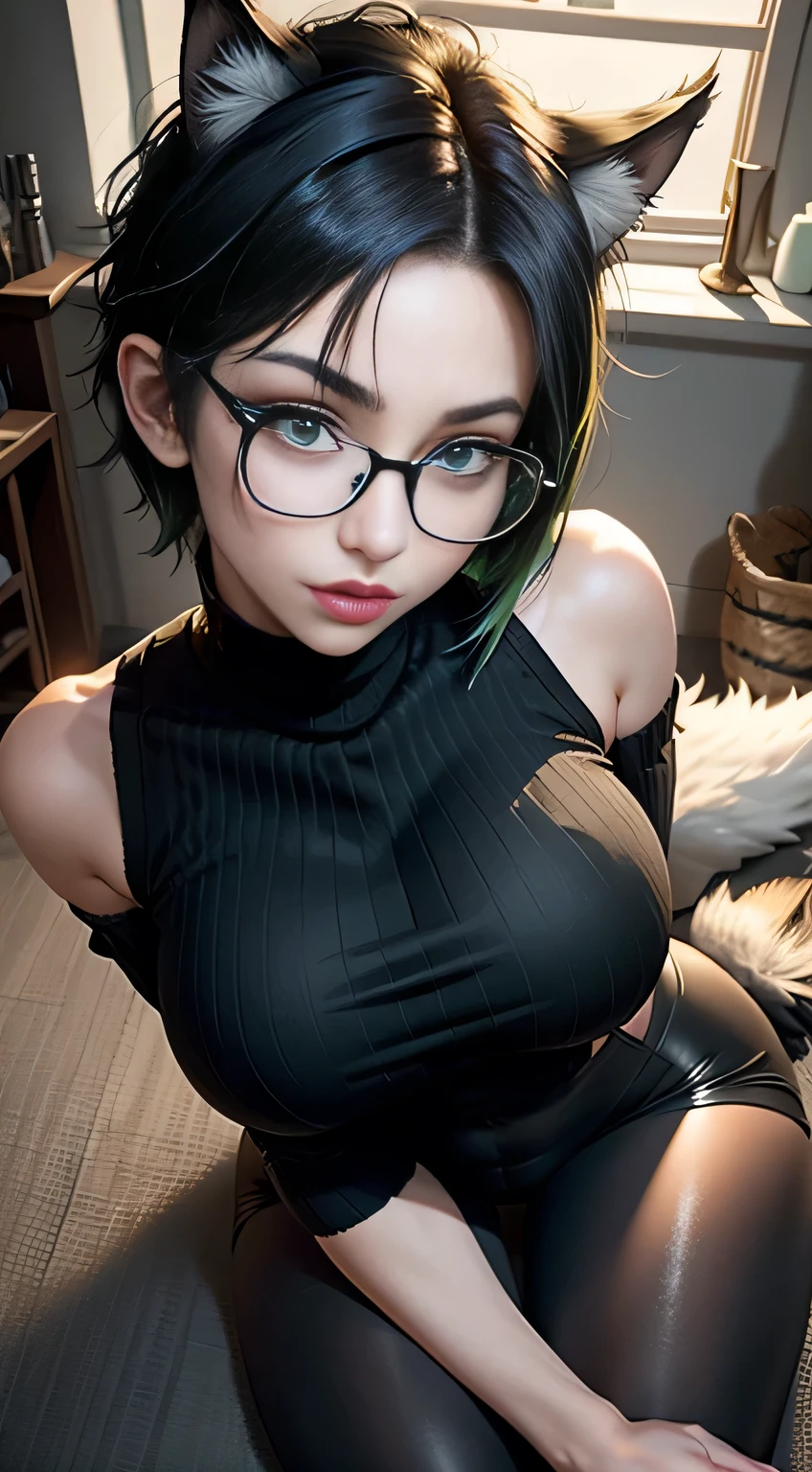 sfw, 1 goth miqo'te woman, cat ears with green tips, (black and green short wolf cut hair with green highlights), freckles, pale skin, black cat tail, (glasses), green eyes, green lipstick, thick thighs, very shallow DOF, (film grain), (masterpiece), (detailed face:1.2), night photography, dim lighting, realistic, (eyes detail), beautiful, clear image, (best quality:1), extremely detailed face, pov, looking up at viewer, view from above, foreshortening, nighttime, sitting by fireplace, blizzard outside window, wearing a black Aran turtleneck sweater, black leggings, hard nipples under clothing, laying back, legs spread, open legs, wearing bra,((skinny waist)), young asian girl, ((big breasted)),