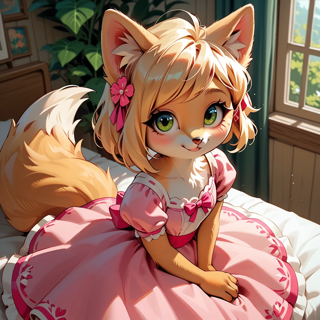 1girl, fox girl, cute fox, anthro, pink princess dress, blonde hair