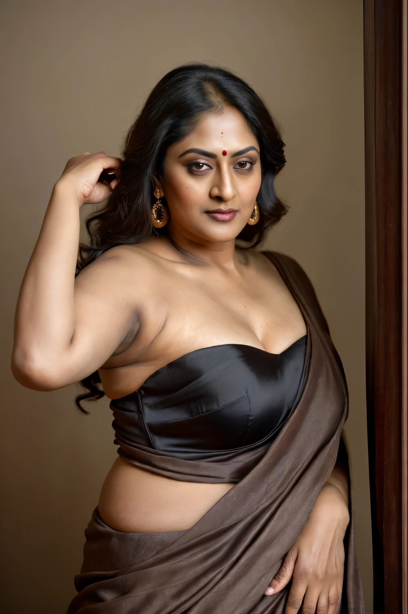 Looks like Indian Actress khushboo Sundar, actress khusbu Sundar, mallu, semma figaru, mallu aunty, desi aunty, full figured mature beauty, attractive figure, 48 years old, desi milf, desi aunty, a close up of a woman in a red dress on a runway, inspired by Avigdor Arikha, sleek!!!, indian super model, wavy hair combed to one side, actress, by Jitish Kallat, smoldering, intense smoldering, fashion, an angel, print ready, with a dramatic looking, inspired by Sudip Roy, tense look