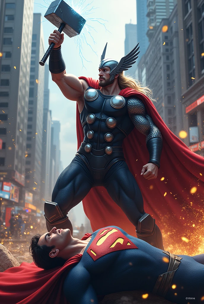 Thor attacking supermans body with his hammer in a city. Thor holding hammer in his arm