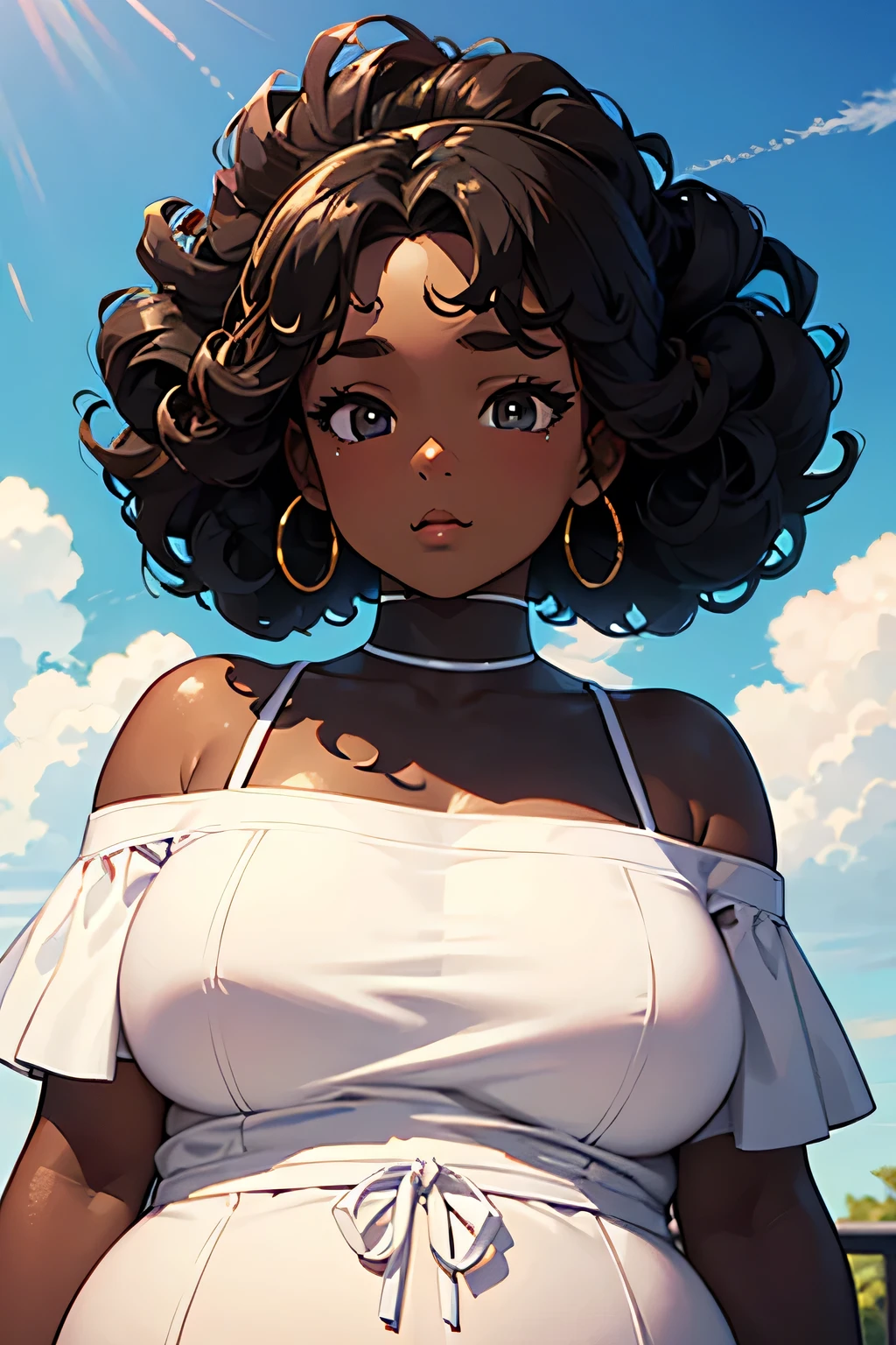 african american woman, ebony, huge breasts, exposure, perfect nipples, pose, breast press, closed mouth, casual, (clothing | clothingstyle | clothingstate), (color | gelled edges), (color | eyes), perspective, skindentation, freckles, lewd, gorgeous eyes, wearing contacts, stormy landscape, cosmic plane, masterpiece, high quality, highres