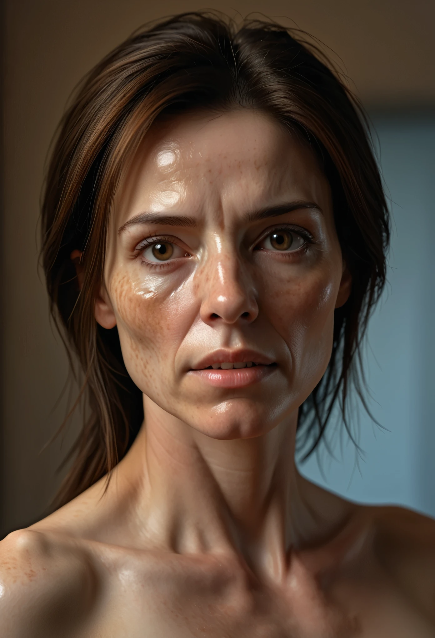 (masterpiece:1.3), professional scene, extremely detailed face, perfect facial features, hyper realistic, cinematic lighting, dramatic lighting, volumetric lighting, cinematic composition, elegant, sensual, chiaroscuro, intricate details, porcelain skin, seductive, mature female, adult female, upper body, nude, NSFW, photorealistic, award-winning photo, stunning