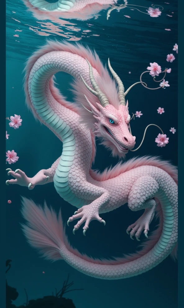 hyperrealism, realistic photo . Incredibly beautiful pink Chinese sea dragon, the dragon swims underwater, cherry blossoms are floating in the water, visible bubbles, dragon scales super detailed. incredible detail, cinematic frame, the best quality, Over-realism, 8 K, maximum quality