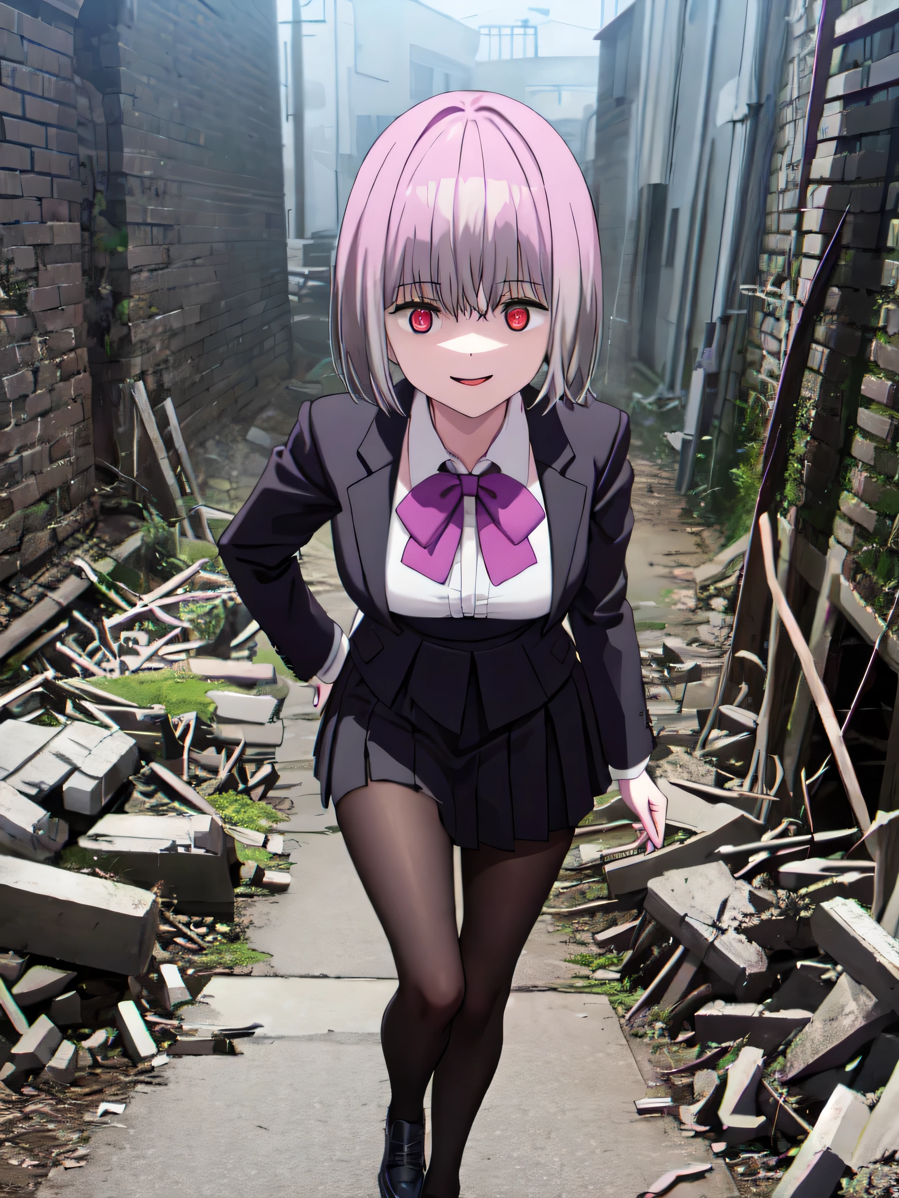 male, short hair, Red eyes, Large Breasts, Purple bow tie, Collared shirt, White shirt, Purple Jacket, Partially defrosted, Long sleeve, Sleeves are longer than the wrist, Pleated skirt, Black Skirt,Black Pantyhose,  Waist clothes, night, dark, , Shine, Backlight, Open your mouth, Leaning forward, , , , masterpiece, Highest quality, High resolution, Nice hands, Perfect hands, Cowboy Shot,Too evil smile,Smile is the worst,Looking down at the viewer,Smile at its worst,Dark shadowed face,Smile face,Big Monster Background,both hands,Five Fingers,Two legs,, Dark shadowed face,Sadistic smile,Malice,Contempt,smile,both hands,Two legs,Five Fingers,solo,Standing on the rubble,The dark, narrow streets are full of zombies,dirty ground,All zombies look the same,Each shows its own unique decline.,Rotten flesh and bones,Horror movie setting,Ominous atmosphere,Spooky Shadow,The pavement is cracked and broken,Abandoned building,Dark street lights,A thick fog swirls,