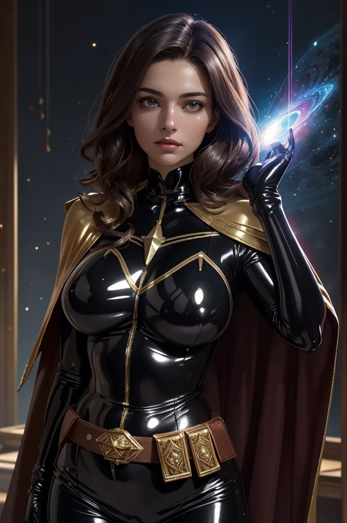 (ultra realistic,32k, masterpiece:1.2),(high detailed skin:1.1),( high quality:1.13, cassandra, brunette hair, cape, latex bodysuit, black latex bodysuit, belt, belt pouch, black gloves, black latex pants, shiny latex, , huge breast, deep cleavage, Lying with hands behind the head2
,(dynamic lighting:1.1),  astral enchantment academy, magic studies, mystical arts, channeling cosmic energies