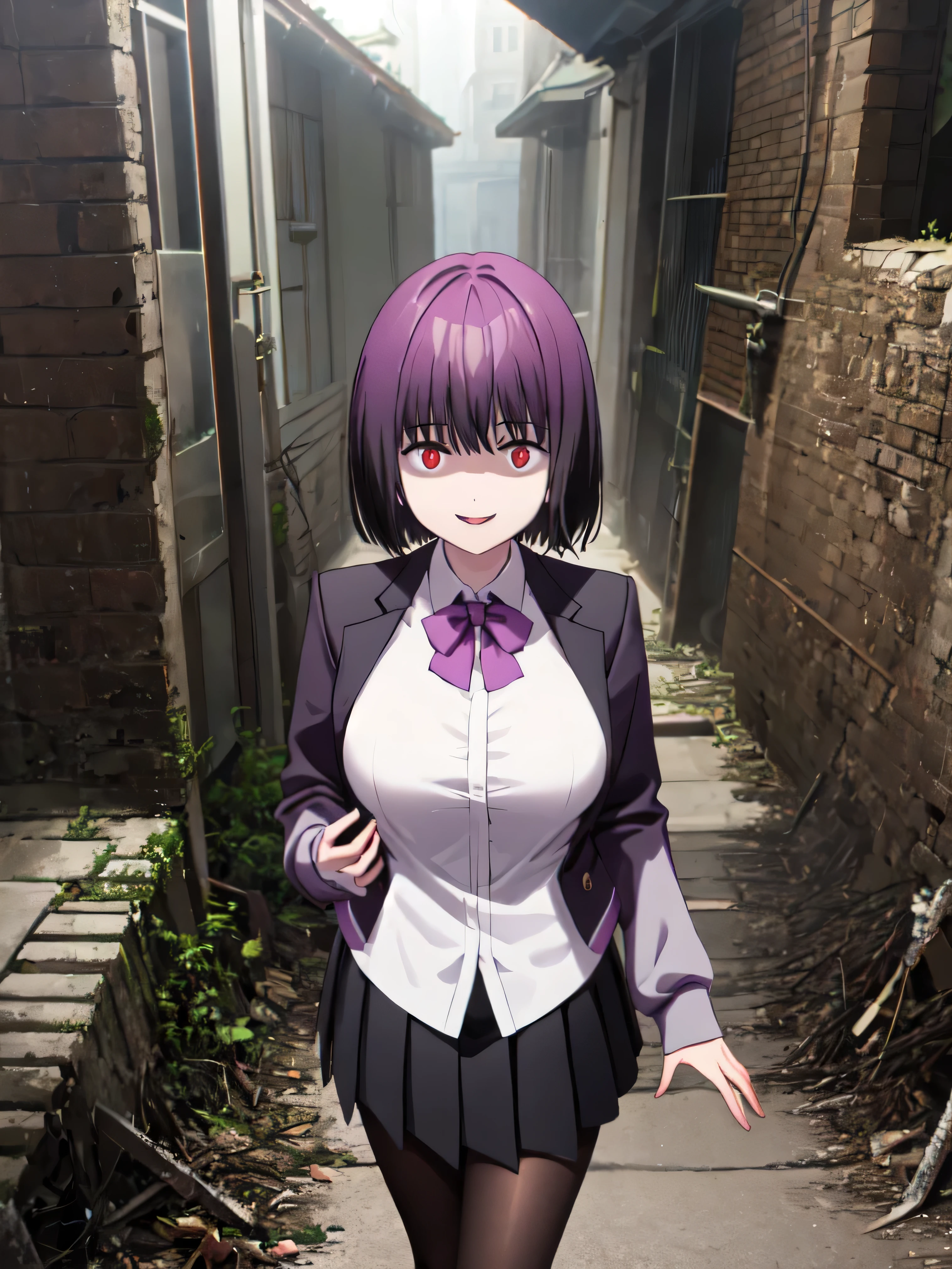 male, short hair, Red eyes, Large Breasts, Purple bow tie, Collared shirt, White shirt, Purple Jacket, Partially defrosted, Long sleeve, Sleeves are longer than the wrist, Pleated skirt, Black Skirt,Black Pantyhose,  Waist clothes, night, dark, , Shine, Backlight, Open your mouth, Leaning forward, , , , masterpiece, Highest quality, High resolution, Nice hands, Perfect hands, Cowboy Shot,Too evil smile,Smile is the worst,Looking down at the viewer,Smile at its worst,Dark shadowed face,Smile face,Big Monster Background,both hands,Five Fingers,Two legs,, Dark shadowed face,Sadistic smile,Malice,Contempt,smile,both hands,Two legs,Five Fingers,solo,Standing on the rubble,The dark, narrow streets are full of zombies,dirty ground,All zombies look the same,Each shows its own unique decline.,Rotten flesh and bones,Horror movie setting,Ominous atmosphere,Spooky Shadow,The pavement is cracked and broken,Abandoned building,Dark street lights,A thick fog swirls,