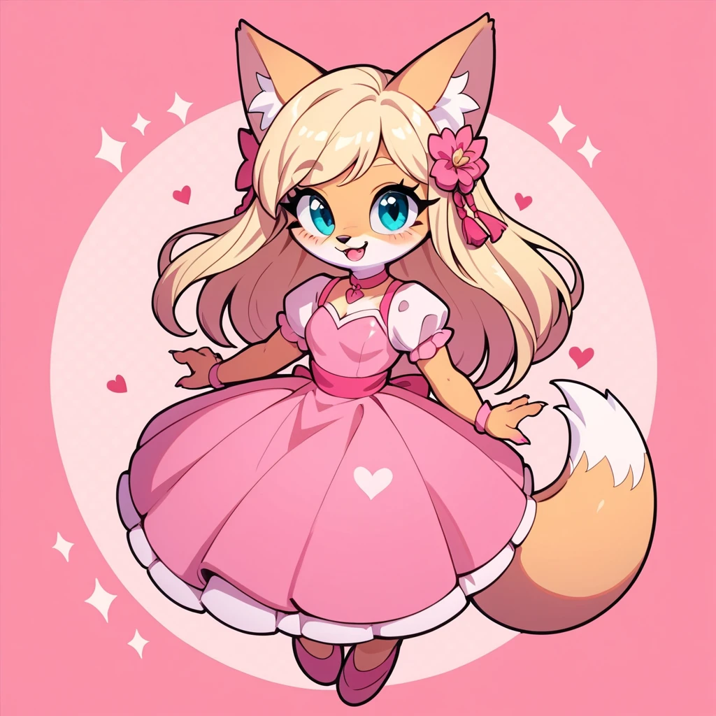 1girl, fox girl, cute fox, anthro, pink princess dress, blonde hair