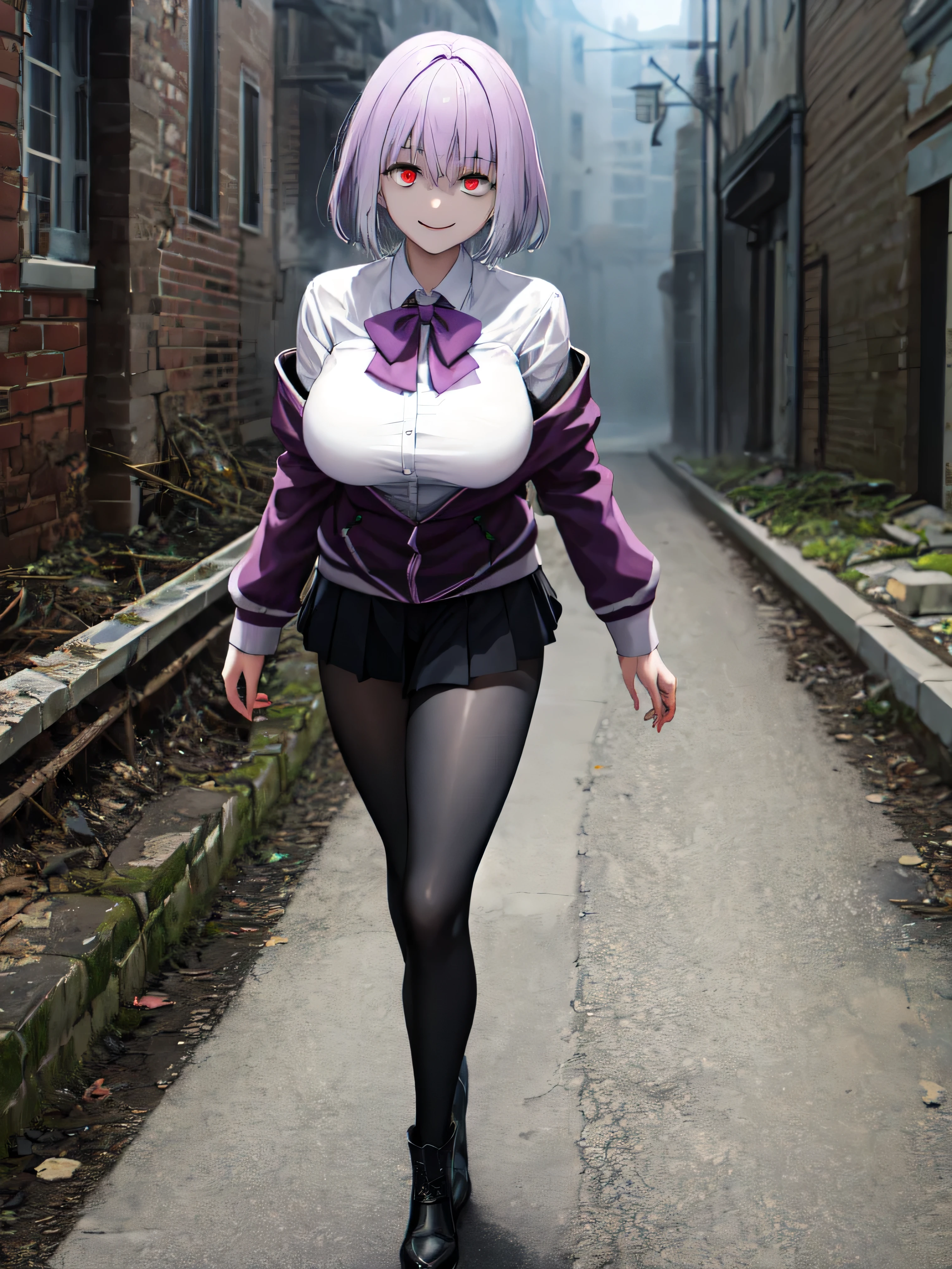 male, short hair, Red eyes, Large Breasts, Purple bow tie, Collared shirt, White shirt, Purple Jacket, Partially defrosted, Long sleeve, Sleeves are longer than the wrist, Pleated skirt, Black Skirt,Black Pantyhose, Waist clothes, night, dark, , Shine, Backlight, Open your mouth, Leaning forward, , , , masterpiece, Highest quality, High resolution, Nice hands, Perfect hands, Cowboy Shot,Too evil smile,Smile is the worst,Looking down at the viewer,Smile at its worst,Dark shadowed face,Smile face,Big Monster Background,both hands,Five Fingers,Two legs,, Dark shadowed face,Sadistic smile,Malice,Contempt,smile,both hands,Two legs,Five Fingers,solo,Standing on the rubble,The dark, narrow streets are full of zombies,dirty ground,All zombies look the same,Each shows its own unique decline.,Rotten flesh and bones,Horror movie setting,Ominous atmosphere,Spooky Shadow,The pavement is cracked and broken,Abandoned building,Dark street lights,A thick fog swirls,
