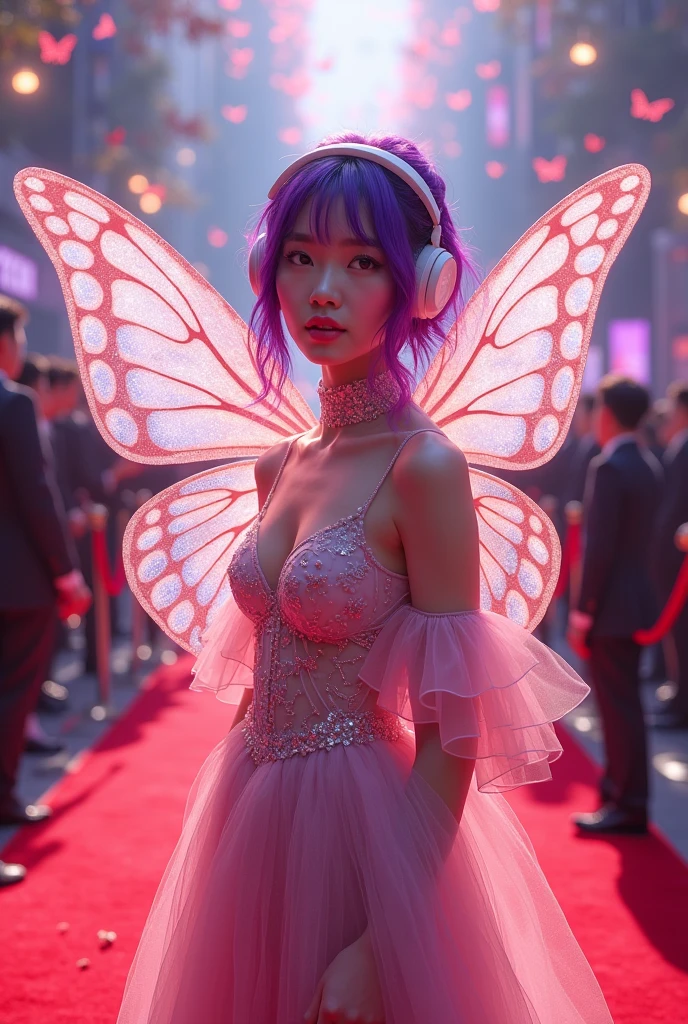 Korean butterfly woman with purple hair wearing headphones, a bright brown outfit and golden wings. She's wearing a short dress and is on the red carpet of the luxurious Digital Talent Awards in a gold dress with black decorations and details.