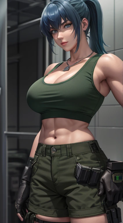 tmasterpiece,, Best quality at best, A high resolution, 1girll, Leona Hydorn, Blue hair, eBlue eyes, pony tails, green shorts, cleavage，hason, Crop top, Black gloves, nedium breasts, army suit, Green jacket, 耳Nipple Ring, jewelry, nabel, musculature, cow boy shot，