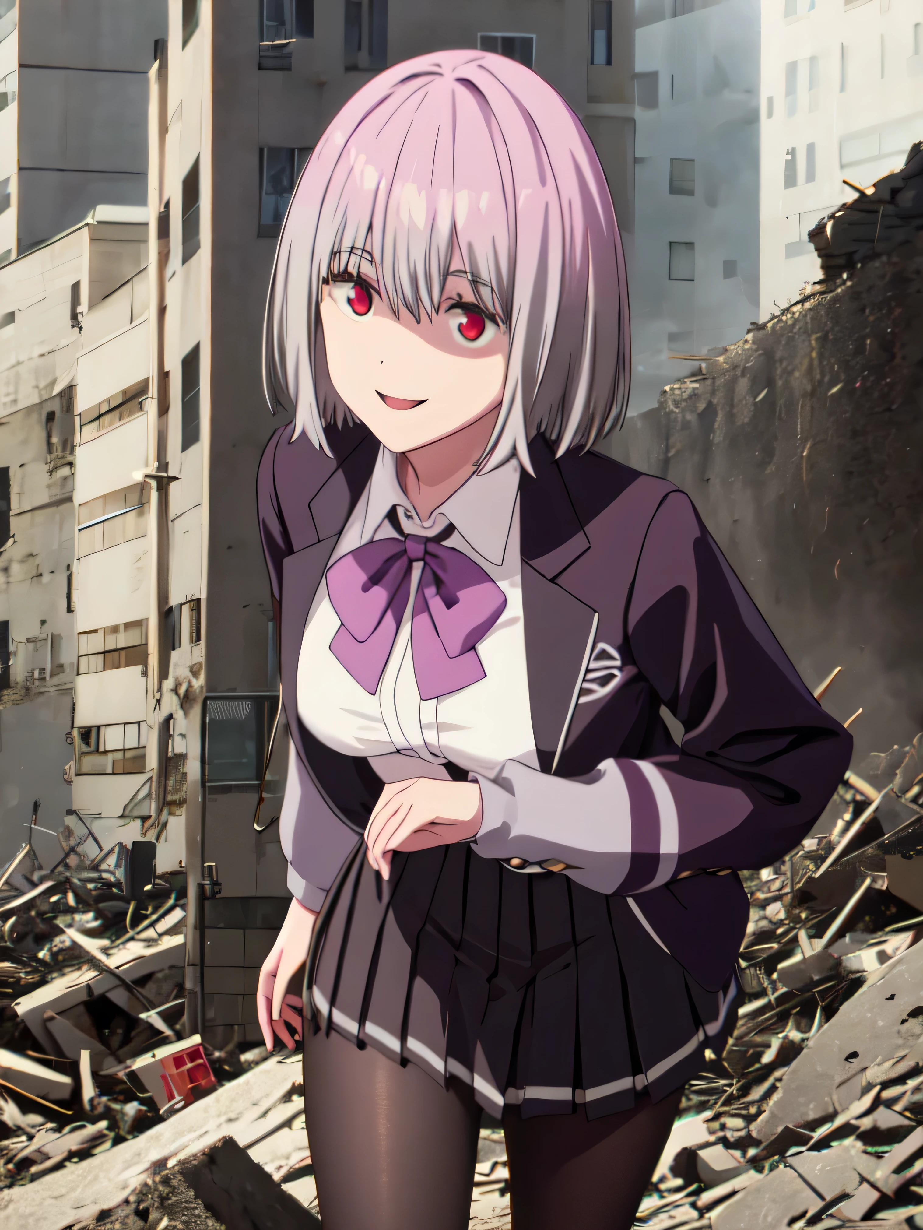 male, short hair, Red eyes, Large Breasts, Purple bow tie, Collared shirt, White shirt, Purple Jacket, Partially defrosted, Long sleeve, Sleeves are longer than the wrist, Pleated skirt, Black Skirt, pantyhose,  Waist clothes, night, dark, , Shine, Backlight, Open your mouth, Leaning forward, , , Hollow Eyes, masterpiece, Highest quality, High resolution, Nice hands, Perfect hands, Cowboy Shot,Too evil smile,Smile is the worst,Looking down at the viewer,Smile at its worst,Dark shadowed face,Smile face,Big monster background,both hands,Five Fingers,Two legs,, Dark shadowed face,Sadistic smile,Malice,Contempt,smile,both hands,Two legs,Five Fingers,solo,Decorated with skulls. background, A mountain of skulls beneath,Standing on the rubble,Burning cityscape,