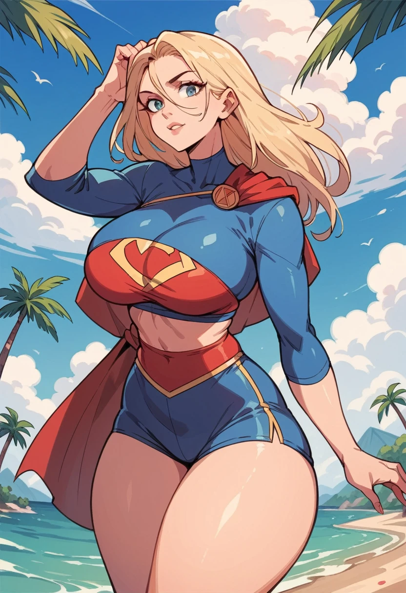 ((full body)),masterpiece, 4K, 8k, high quality, Very detailed, Detailed face, High resolution, Vibrant colors, Natural light, Best Shadow, Shallow depth of field, Portraiture (Supergirl:1.1) , smile, Blue leotard, Red Cape, red boots with heels, Grey Hair,delicate, Captivating blue eyes, Nice medium sized breasts, , (Superman symbol on chest:1.2), , blue sky, sunlight, cloud, sun, bloom,