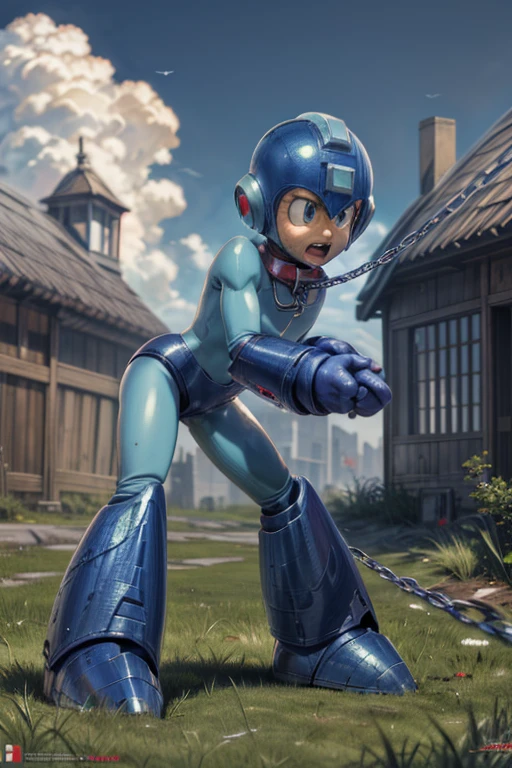 megaman, good anatomy, masterpiece, best quality,realistic, , 16k  ,submissive pose ,fantasy world,outdoor,village,blue sky,(surrounded many Heinous estrus goblins:1.3),(metal collar,chain leash:1.3),(pull leash:1.2),