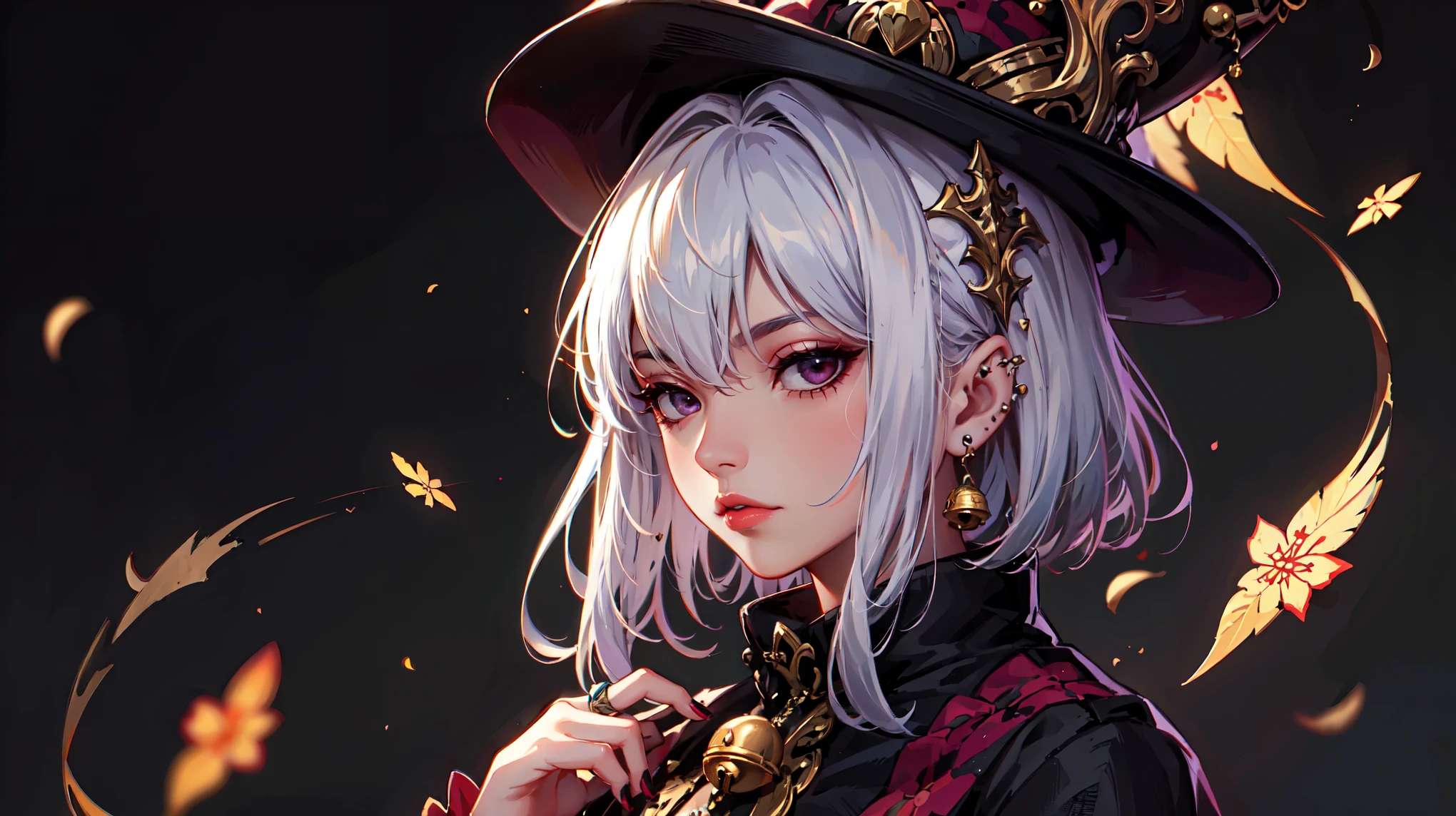 The insanely beautiful artwork of the authors from Artstation. Anime aesthetics in every detail. A 1girl with silver hair and burgundy eyes, (eyes prishurenye)., a work painted with a dry brush taking into account the proportions . A beautiful pale face with a piercing gaze in the side. (medieval European jester's hat with Rhomboid patterns on the hat , small bells and laces on the hat. very long jester hat)/ portret style .goth-punk style