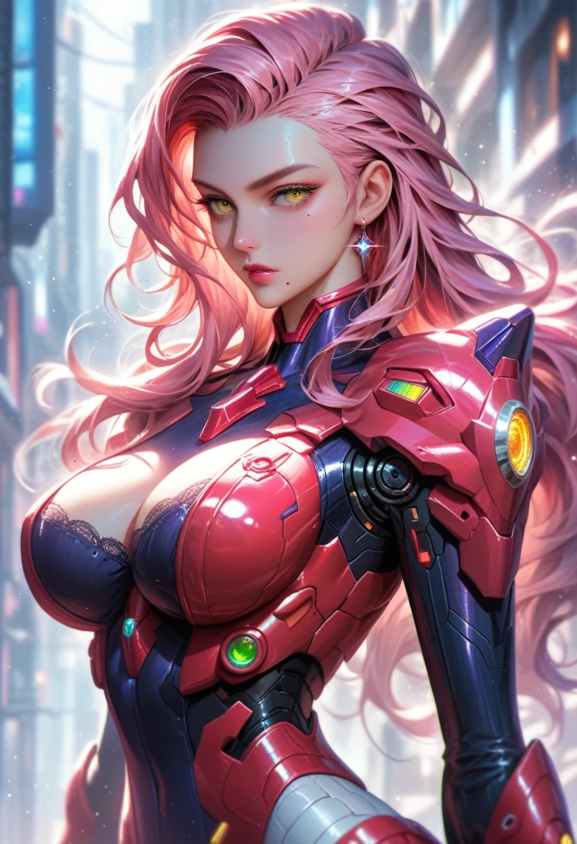 1girl, solo, murasansei, large breasts, Mecha, red armor, gorgeous armor, complex full armor, shiny, sparkle, glowing, detailed, serious, looking to the side, science fiction, cyberpunk, city, outdoors, sunlight, natural lighting, perfect lighting, depth of field, blurry background, cinematic, filmic, high budget, (masterpiece), (best quality), (ultra-detailed), very aesthetic, illustration, perfect composition, intricate details, absurdres,score_9, score_8_up, score_7_up, score_6_up, score_5_up, source_anime, BREAK Ingrid 1girl, mature female, dark-skinned female, cowboy shot, solo focus, looking at viewer, half-closed eyes, teeth, self-confidence, confident, pink hair, long hair, hair intakes, makeup, purple lips, lipstick, thick eyebrows, mole under mouth, yellow eyes, butcha
