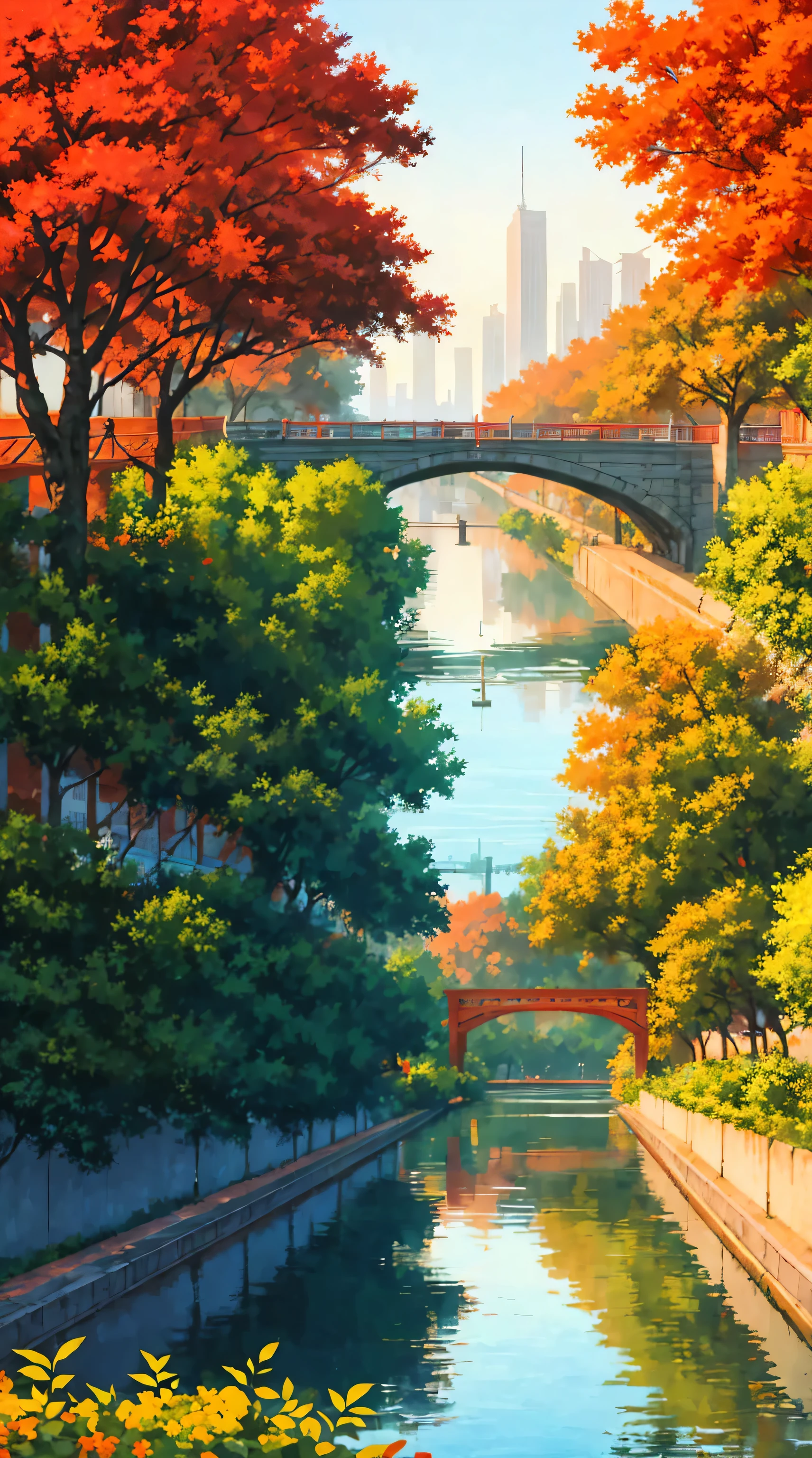 masterpiece,stunning realistic,best quality,sharpness,beatiful anime city,oldschool city,many red trees,many flowers,water,
