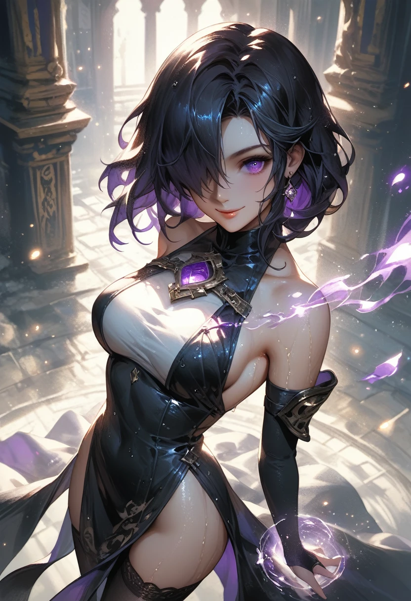 score_9, score_8_up, score_7_up, closeup, from above, Soul Knight, fantasy knight, fantasy temple in background, magic particles, black haired girl, skimpy dress, pale skin, purple eyes, hair over one eye, medium hair, medium breasts, dripping wet, dramatic light, cute thighhighs, temple background, naughty smile, looking at the viewer, arched back, magic around body, LLDN, watercolor,
