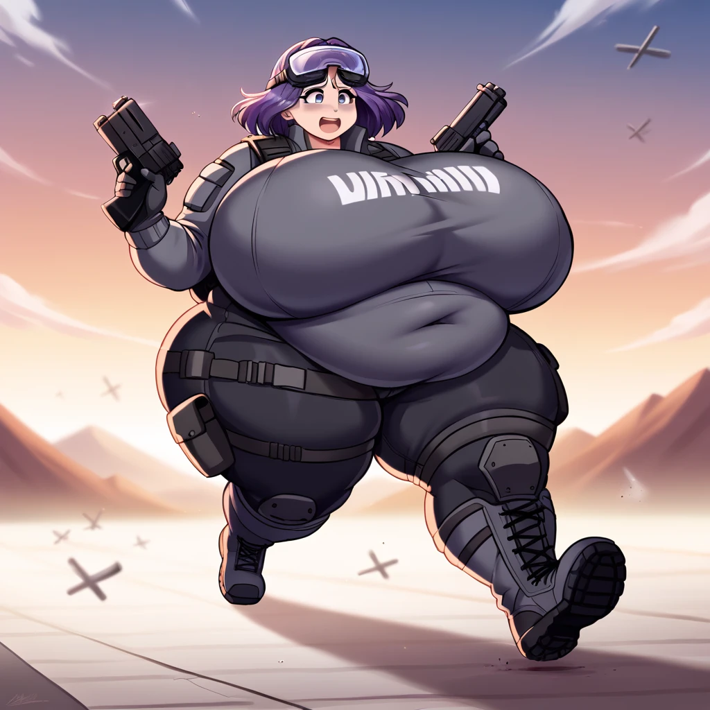 (masterpiece, best quality, super detail, 4k, 1girl, (female ssbbw, wearing grey tactical vest and black shorts, wearing safety goggles on forehead:1.1), bbw, sexy milf, cute face, mature,, gigantic breasts, combat boots, purple hair, extremely wide hips:4.0, massive thighs:4.0, massive calves, massive belly, soft belly, fat calves, massive ass, excited expression, aroused, sweaty, (getting turned on, running, holding toy paintball pistol, eyes open, eyes very well defined (high priority), Light source overhead, deep shadows, pupils very well defined(High priority)),(Face close to viewpoint) , Image in anime style, add detail), Background:(outdoors, paintball arena (splattered walls, dark shadows, cover for shooting))