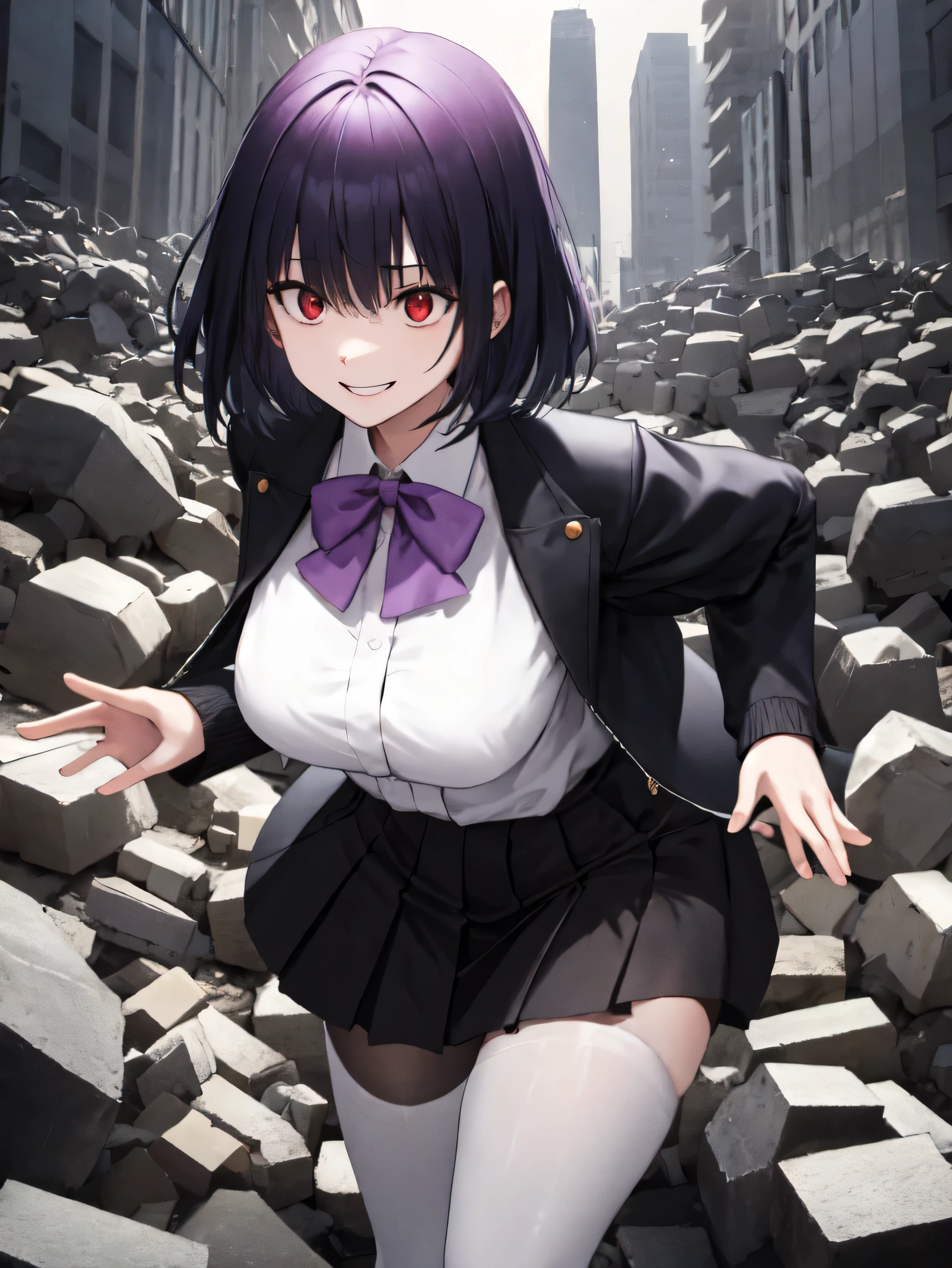 male, short hair, Red eyes, Large Breasts, Purple bow tie, Collared shirt, White shirt, Purple Jacket, Partially defrosted, Long sleeve, Sleeves are longer than the wrist, Pleated skirt, Black Skirt, pantyhose,  Waist clothes, night, dark, , Shine, Backlight, Open your mouth, Leaning forward, , , Hollow Eyes, masterpiece, Highest quality, High resolution, Nice hands, Perfect hands, Cowboy Shot,Too evil smile,Smile is the worst,Looking down at the viewer,Smile at its worst,Dark shadowed face,Smile face,Big monster background,both hands,Five Fingers,Two legs,, Dark shadowed face,Sadistic smile,Malice,Contempt,smile,both hands,Two legs,Five Fingers,solo,Decorated with skulls. background, A mountain of skulls beneath,Standing on the rubble,Burning cityscape,