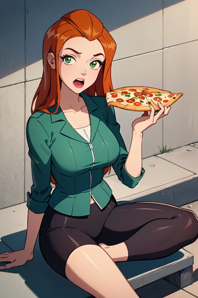 masterpiece, best quality, ultra-detailed, illustration, 1girl, sam \(totally spies\), orange hair, long hair, green eyes,wearing like stewardess , open mouth, figure four sitting, alleyway ,eating a pizza,gained some weight,grabing belly