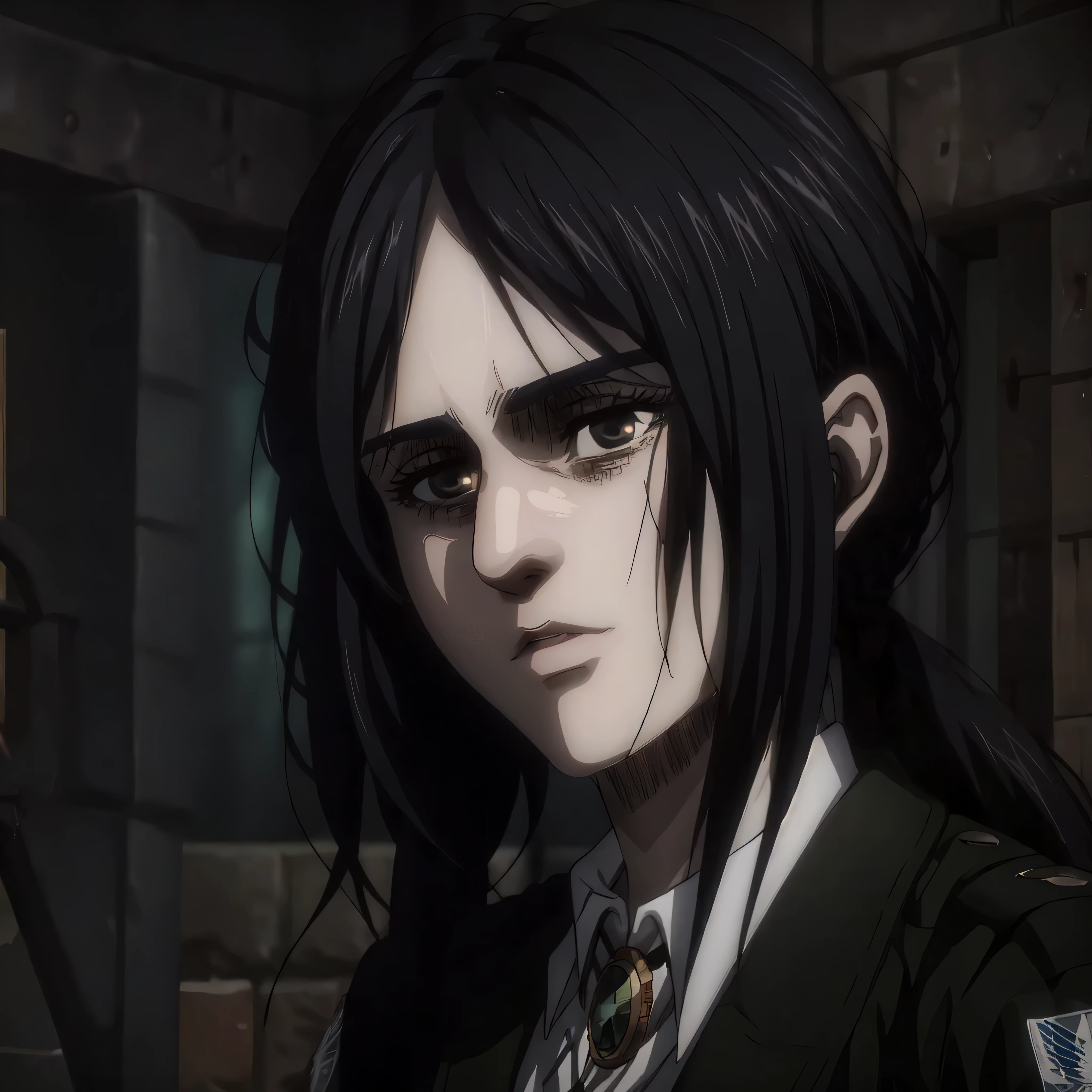 women,black hair thick eyebrows,black eyes,brown skin,Long hair,attack on titan anime,High resolution, masterpiece, necessary, anatomically correct, Awarded many times, The best quality, Damaged, detail, HD Model, details altos, high quality, quality, retina, Very detailed, textured skin, UHD, sony 200m lens,beautiful face,Skinny body,pretty lips,cute features 