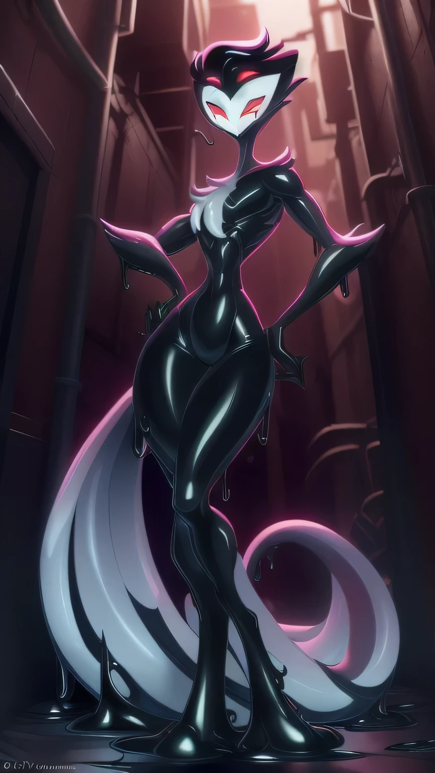 Tanraak (style), ((masterpiece)), ((8k quality)), (no watermark), stolas, male, sleek, shiny slime body, goo, gooey, long tail feathers, avian, avian tail, butt, solo, detailed alley, looking at viewer, wide hips, shiny, slimy, perfect body, inviting eyes, thighs, seductive pose, front view, symbiote, all black, black body, black goo, red eyes, hand on hip