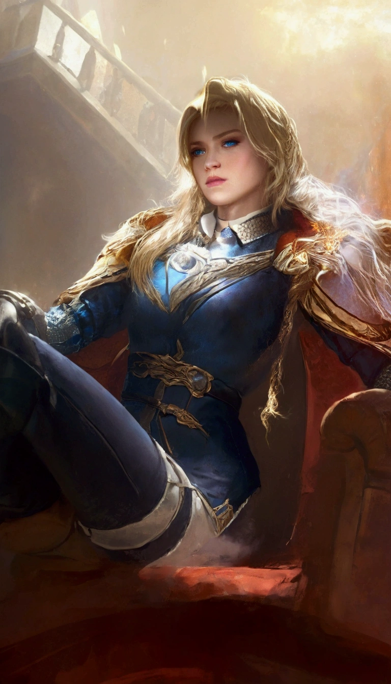 This image is a digital artwork of a female character with blonde hair, blue eyes,realistic foto,wearing a blue and gold armor and sitting on a throne.