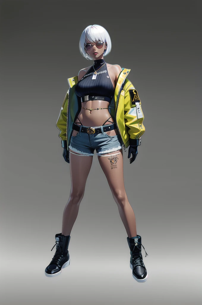 Concept art, standing figure painting, 1girl, solo, dark skin, jacket, dark-skinned female, shorts, boots, tattoo, denim, navel, breasts, full body, gloves, sunglasses, denim shorts, white hair, short hair, gradient, gradient background, looking at viewer, grey background, hand on hip, belt, black footwear, jewelry, standing