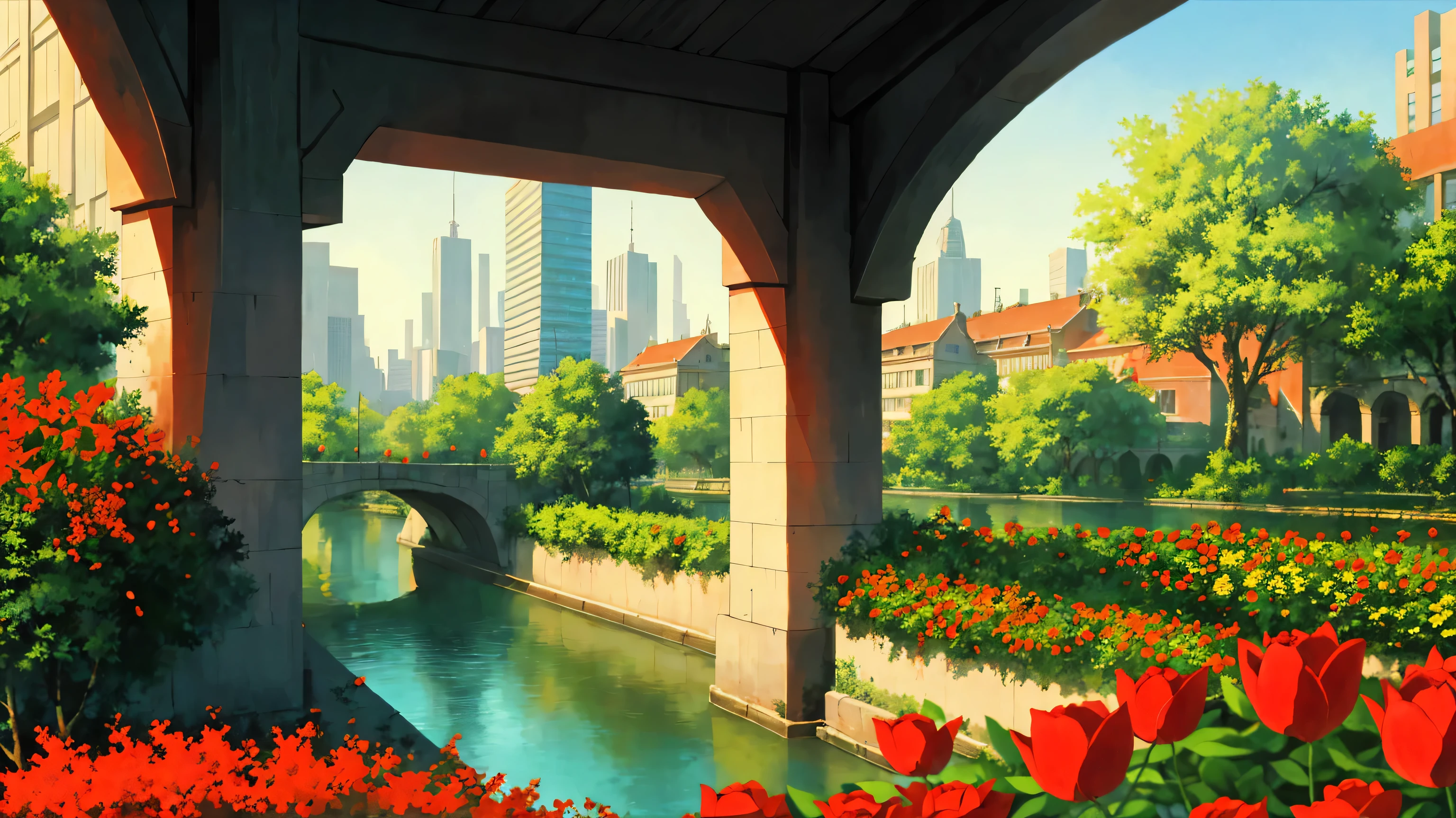masterpiece,stunning realistic,best quality,sharpness,beatiful anime city,oldschool city,many red trees,many flowers,water,