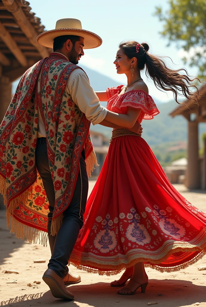 (detailed and intricate kiss, vibrant Colombian setting, blossoming flowers, warm sunlight, passionate embrace, flowing hair, sparkling eyes, joyful laughter, romantic atmosphere, traditional Colombian dress, traditional music, vibrant colors, cultural celebration, lively dance, enchanting scenery, captivating love story) (best quality, highres, HDR), (realistic,photorealistic:1.37), vivid colors, bokeh, studio lighting