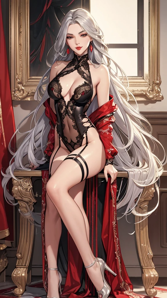 ( best quality:1.2)、(masterpiece:1.2), ( High Quality:1.2), Nipples、 see-through clothes similar to Reina Tanaka、 ((bodystocking:1.2)), (Black straight long hair:1.3), squat、 open legs, ( Long Thin Legs , shoes:1.2), ( detailed face :1.3)、The whole face becomes red,  big, rich breasts , (Blunt Bangs:1.2),  side bust 、 underbust 、Walking through the mansion&#39;corridor、 Play、 simple background