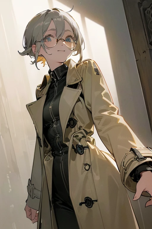 ((Masterpiece:1.5, Best Quality, High Resolution:1.3, Super Resolution, Super Detailed, Ultra Detailed:1.3, Perfect Anatomy:1.5, 1 Female) Pale Skin + Short Gray Hair + Gray Eyes + Long Eyelashes + Female Figure (Suit, Trench Coat, Glasses) ((Open Eyes, Cheerful Expression, Luminous Eyes))