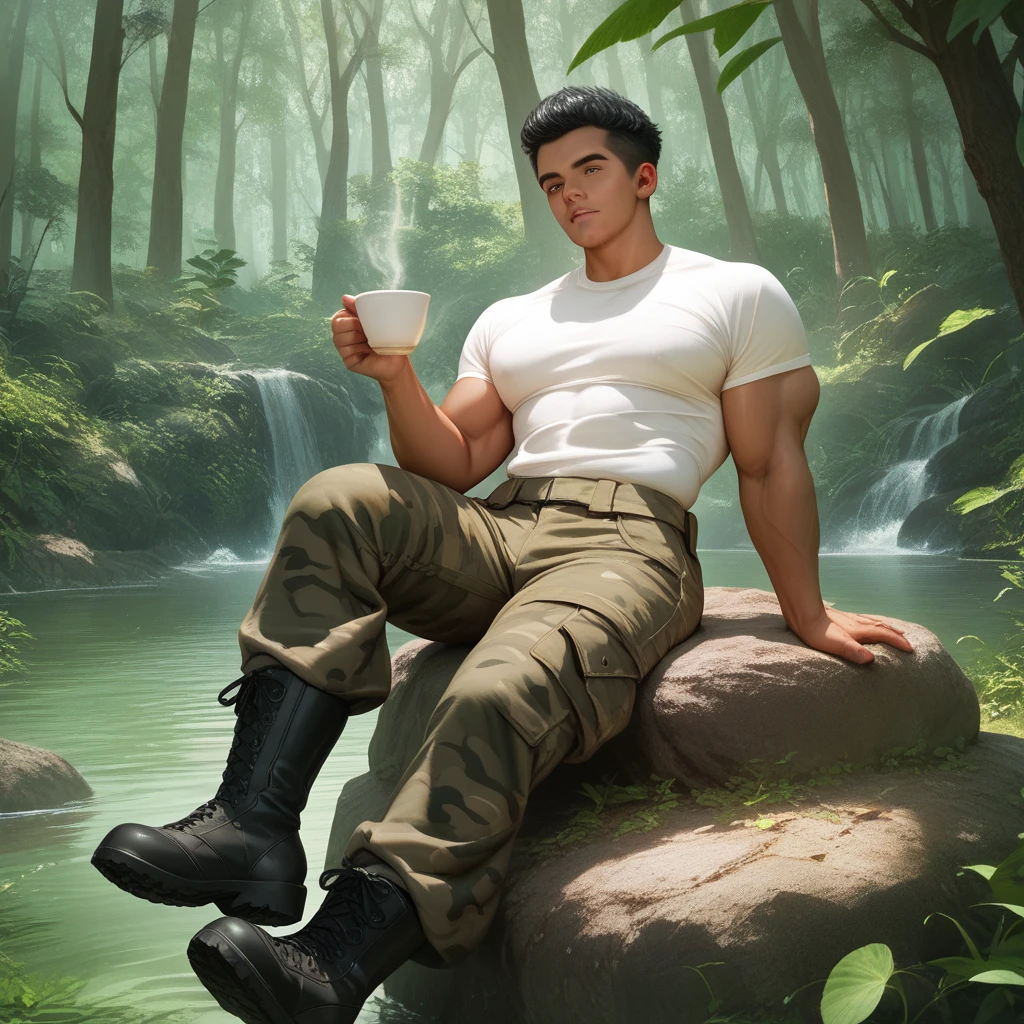 Realistic, hyper realistic, tall, large muscular man, muscular body, large body, mature face, strong jaw, tight white tea shirt, military camo pants, black hair, combat boots, slightly tan skin, sitting on rock by a small stream, lush green forest