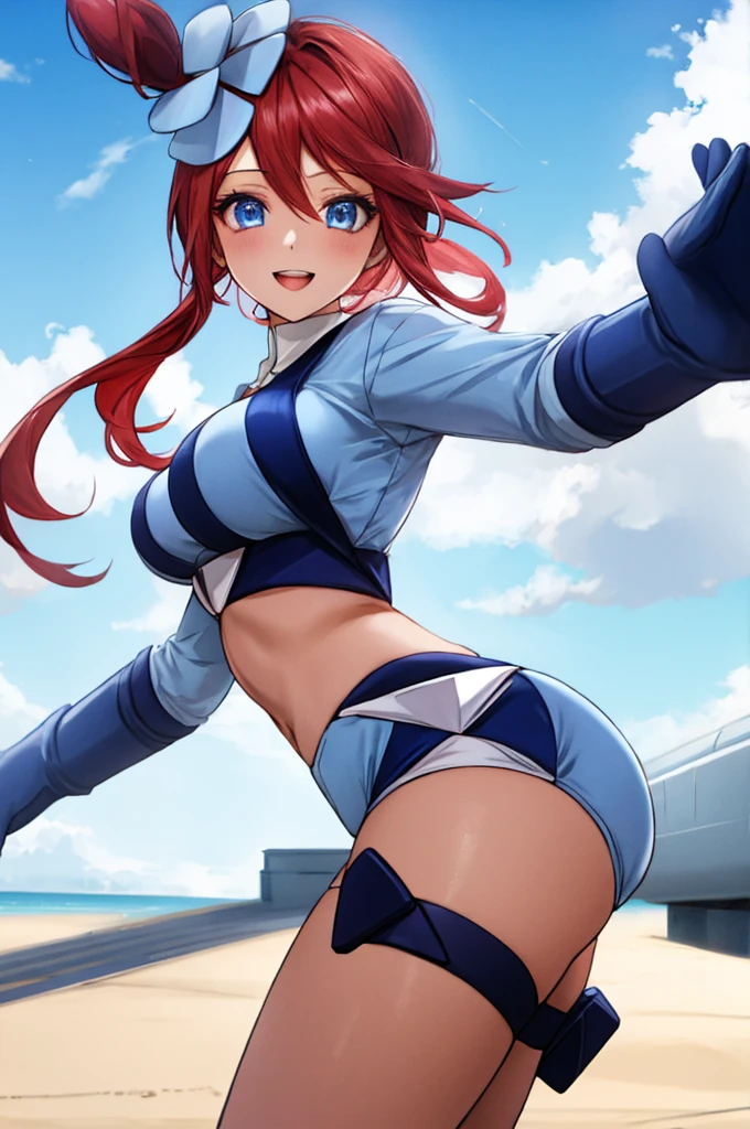 1girl, standing, looking back, from behind, facing viewer, BREAK skyla, blue eyes, hair ornament, one side up, red hair, short hair with long locks, sidelocks, blue gloves, blue footwears, cropped jacket, short shorts, midriff, suspenders, medium breasts, (smile:0.8), BREAK detailed background, runway, blue sky, BREAK (best quality, masterpiece, UHD, ultra detailed), (beautiful face, shiny skin), (detailed eyes), (perfect anatomy), (professional lighting)