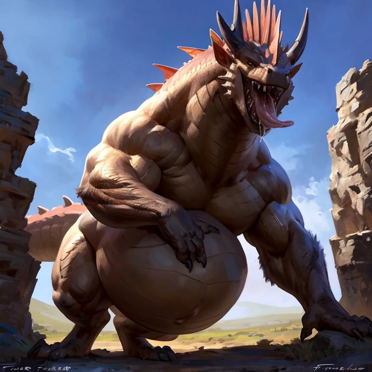 Detailed painting, by Taran Fiddler, dragoness, full body, feral, dainty, friendly, colorful, rounded snout, wings, pregnant, round belly, dominant belly, huge belly, bloated belly, big muscles, wide body, thick body muscles, powerfull muscles, beefy muscles, thick neck, beefy neck, tall, enormous, giant, gigantic, gargantuan, kaiju, powerfull look, badass look