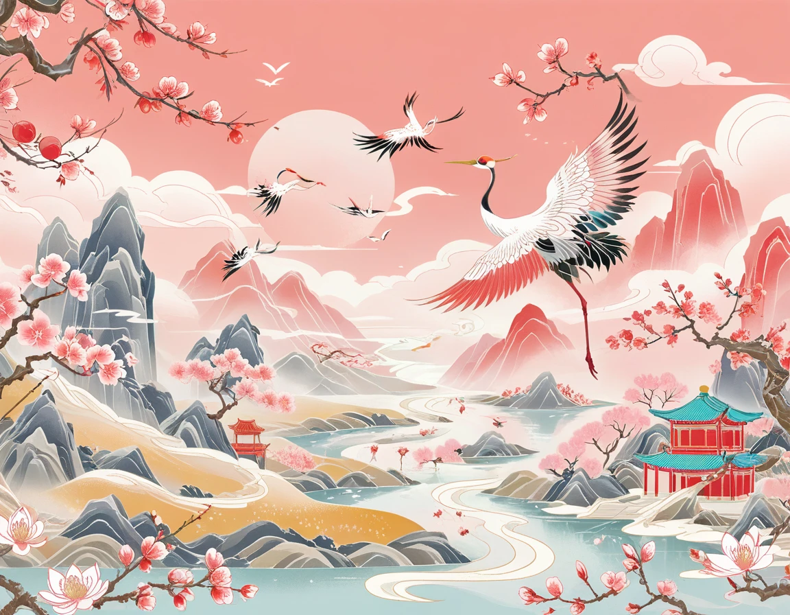 (Golden Section composition), (Golden Ratio), mountain, river, tree, peach blossom, Spring, In the distance A red-capped crane Spread your wings and fly, sky, clouds, cartoon, flat illustration，guofeng，chinese style，gcch