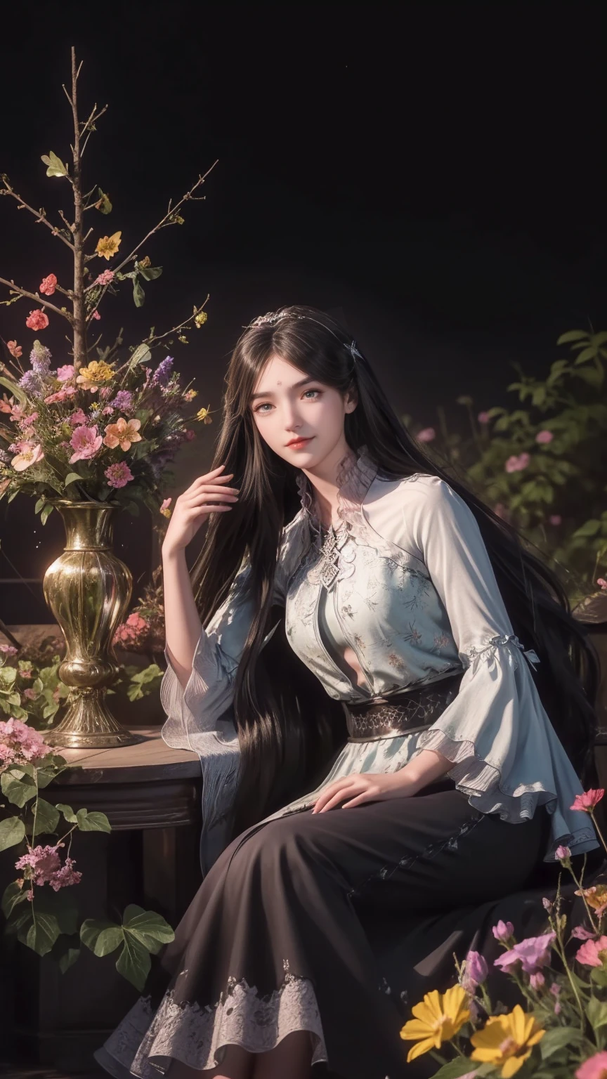 1girl, girl with long black hair, smiling, cheerful, girl is sitting among a wide expanse of flowers, surrounded by beautiful flowers, Calm and peaceful atmosphere, night, moonlight , Beautiful glowing butterflies surround the girl lighting up the darkness of the night, magic,Romantic, the night breeze blows the Sepoi Sepoi girl's hair, 