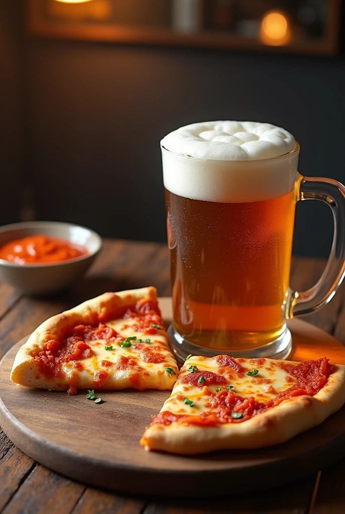 a slice of pizza and a mug of beer