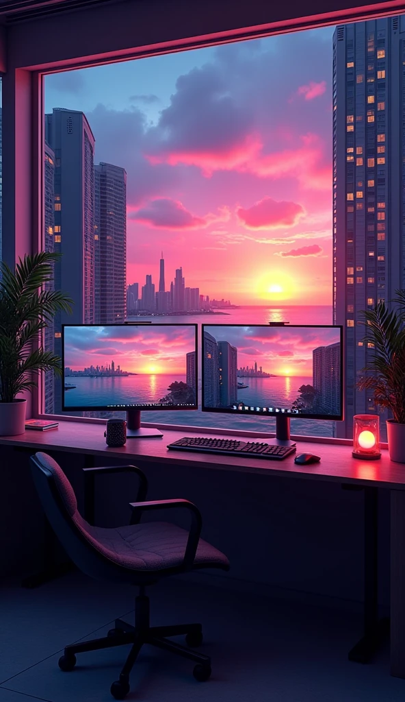 2 monitors、Sunset and sea view、White Screen、Large monitor、Room with a night view、skyscraper、Monitors are placed vertically、Stylish room、Black and blue dim room、Neon color、High resolution, Highest quality, masterpiece, Widescreen, detail, High detail, High-resolution model, clair obscur, Realism, Surrealism, 