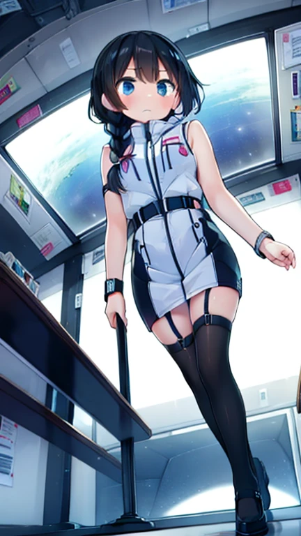 (Highest quality), (masterpiece), 1080P, High resolution, 4K, 8k, Inside the space station、Futuristic room、Thigh straps, Shooting from directly below, The woman on top of me, 白いSweat, Covered , Sweat, Woman looking down, Skirt swimsuit, Thigh-high socks, To achieve this, , , whole body, Black leather shoes, Braided hair, Inner Color, Embarrassed face, Short black hair, bracelet, Bedroom,celestial body_Vest