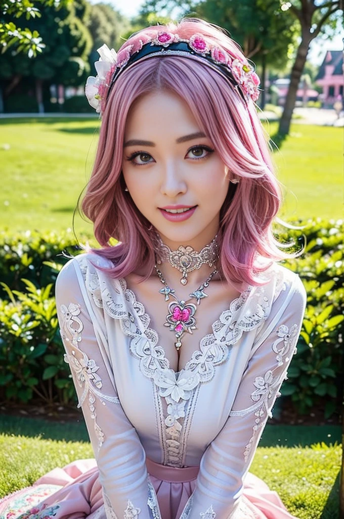 Personaje de anime, chica, con cabello rosa y un vestido blanco con detalles florales, friendly and calm expression, wear a necklace with a crystal heart