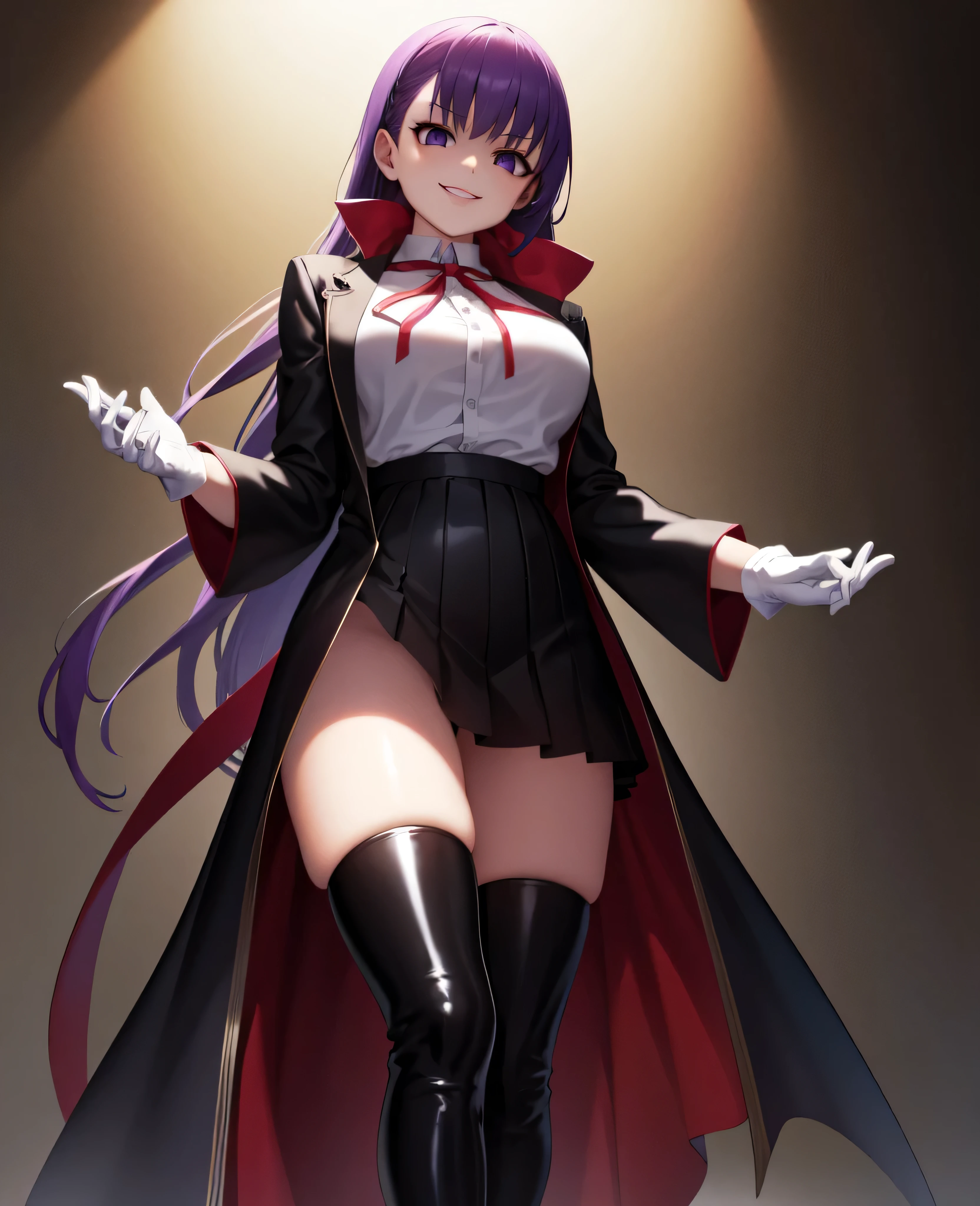  Isoscale, Mid Shot,  night, ,,, Purple Hair, Black jacket, White shirt, Black Skirt, Red ribbon, Big Breasts, Purple eyes, White gloves, Long Hair, Large collar, Wicked Smile,,shiny thigh high boots,(Wicked Smile:1.3),Highly detailed CG Unity 8k wallpaper, Perfect lighting,,Looking down at the viewer,,Anxious smile,Black and purple world background,Dark shadowed face(Eyes in the shadows),solo,Yandere,latex,masterpiece, Highest quality, High resolution, One person,View your viewers,look down,Release black darkness from your hands,Embodiment of evil,two hands,Two legs,five fingers,