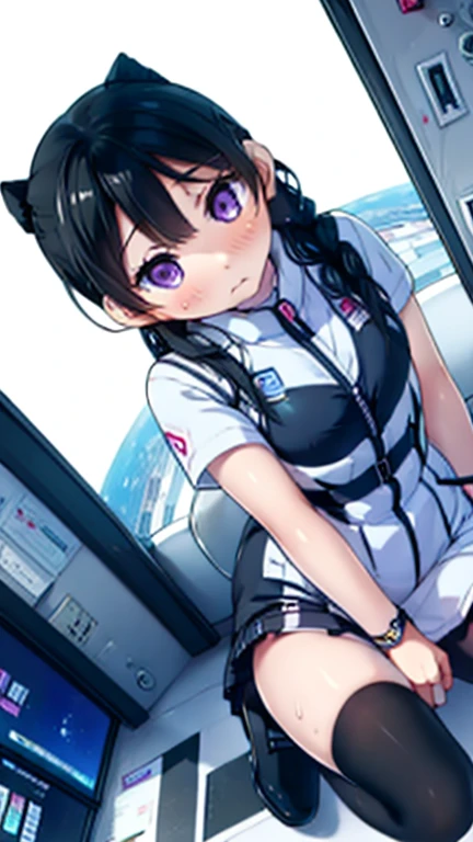 (Highest quality), (masterpiece), 1080P, High resolution, 4K, 8k, Inside the space station、Futuristic room、Thigh straps, Shooting from directly below, The woman on top of me, 白いSweat, Covered , Sweat, Woman looking down, Skirt swimsuit, Thigh-high socks, To achieve this, 16 years old, , whole body, Black leather shoes, Braided hair, Inner Color, Embarrassed face, Short black hair, bracelet, Bedroom,celestial body_Vest